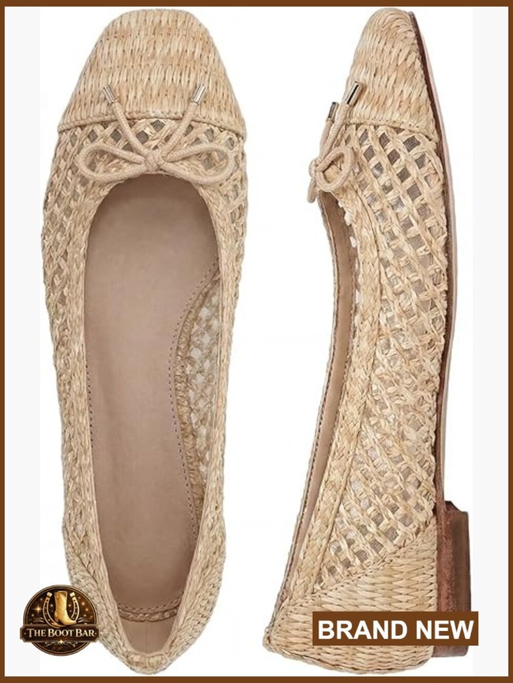 Woven Raffia Square Toe Ballet Flats Slip On Bow Dress Shoes Comfortable
